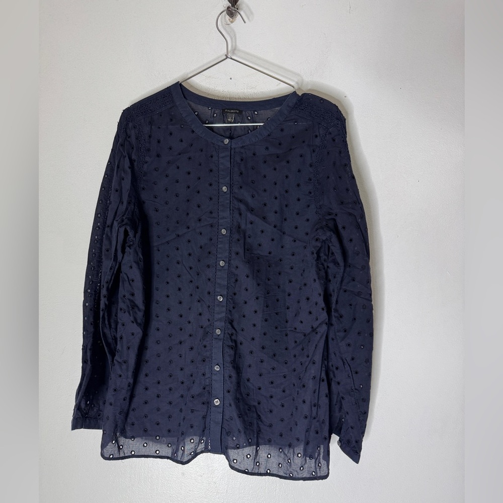 Talbot Navy Blue Eyelet Long Sleeve Button Down Top Large